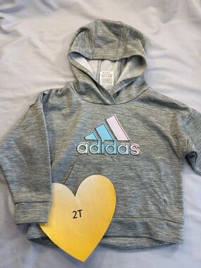 Adidas Grey Hoodie with Pastel Blue & Pink Logo